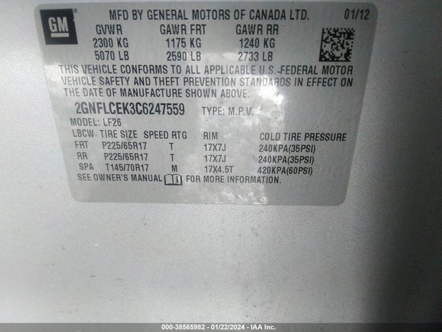 2012 CHEVROLET EQUINOX LS VIN: 2GNFLCEK3C6247559
