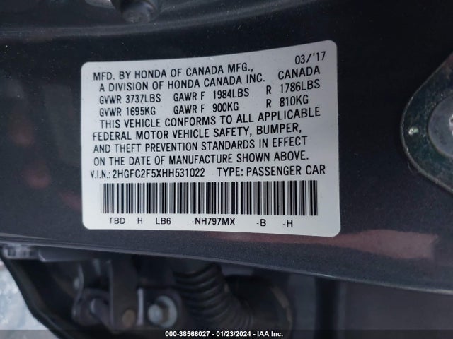 2017 HONDA CIVIC LX VIN: 2HGFC2F5XHH531022