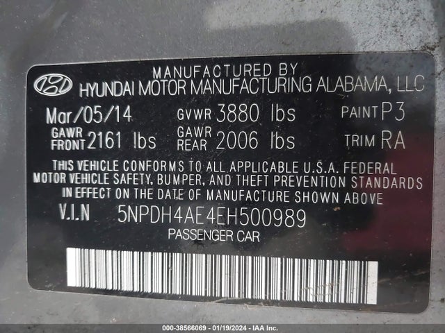 2014 HYUNDAI ELANTRA SE VIN: 5NPDH4AE4EH500989