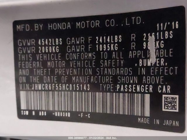 JHMCR6F55HC015143 Honda Accord Hybrid Ex-l
