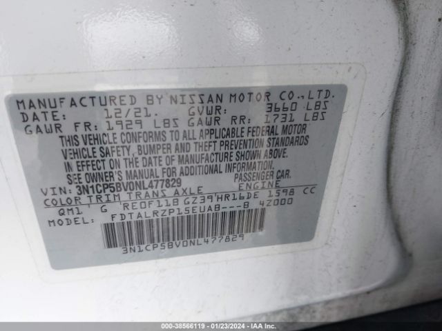 3N1CP5BV0NL477829 Nissan Kicks S Xtronic Cvt