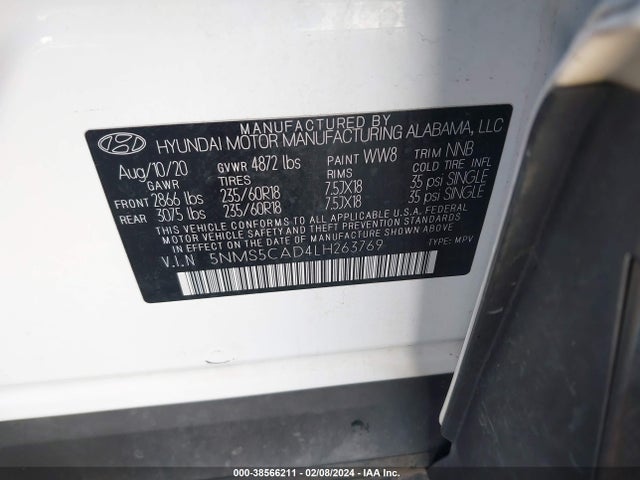 2020 HYUNDAI SANTA FE LIMITED VIN: 5NMS5CAD4LH263769