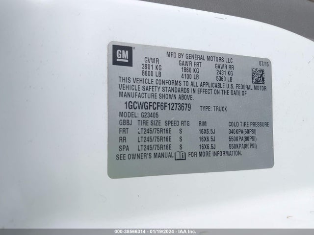 Chevrolet Express 2500 Work Van 2015 1GCWGFCF6F1273679 Image 9