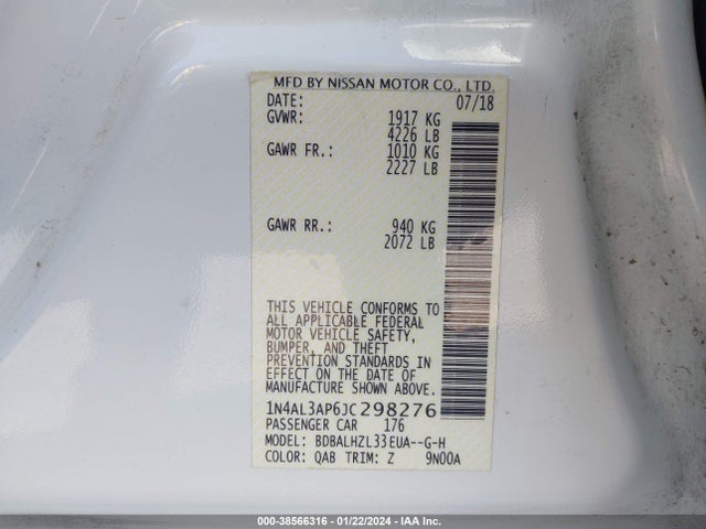 2018 NISSAN ALTIMA 2.5 SR VIN: 1N4AL3AP6JC298276