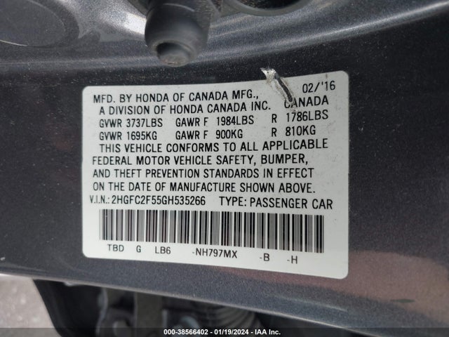 Honda Civic Lx 2016 2HGFC2F55GH535266 Image 9