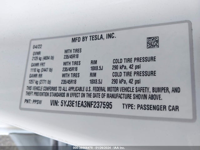 5YJ3E1EA3NF237595 Tesla Model 3 Rear-wheel Drive