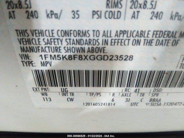 Ford Explorer Limited 2016 1FM5K8F8XGGD23528 Image 9