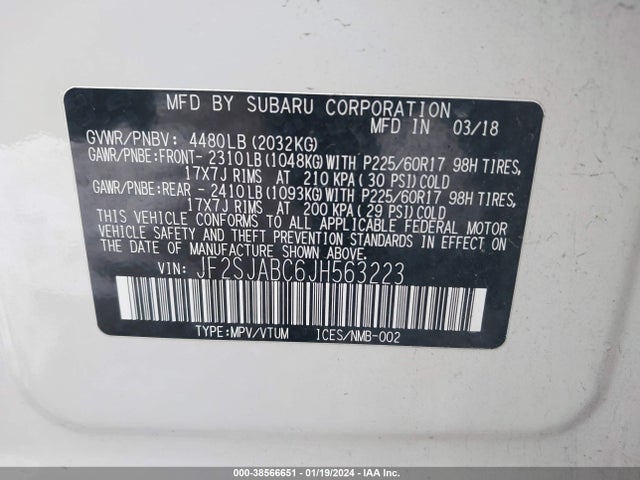 2018 SUBARU FORESTER 2.5I VIN: JF2SJABC6JH563223