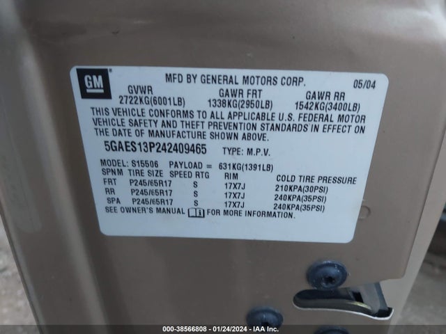 2004 BUICK RAINIER CXL VIN: 5GAES13P242409465