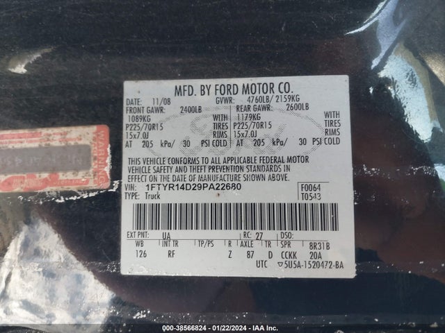 2009 FORD RANGER XL/XLT VIN: 1FTYR14D29PA22680