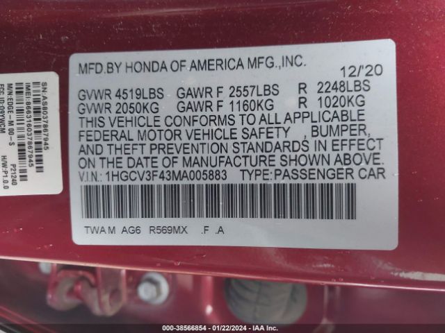 1HGCV3F43MA005883 Honda Accord Hybrid Ex