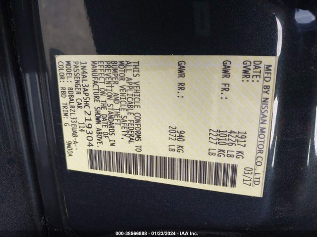 Nissan Altima 2.5 Sl 2017 1N4AL3AP5HC219304 Image 9
