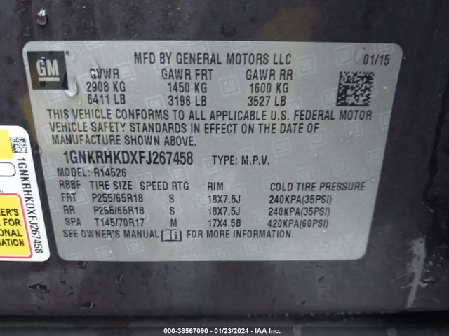 Chevrolet Traverse 2lt 2015 1GNKRHKDXFJ267458 Image 9