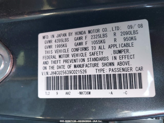 2009 ACURA TSX VIN: JH4CU25639C021526