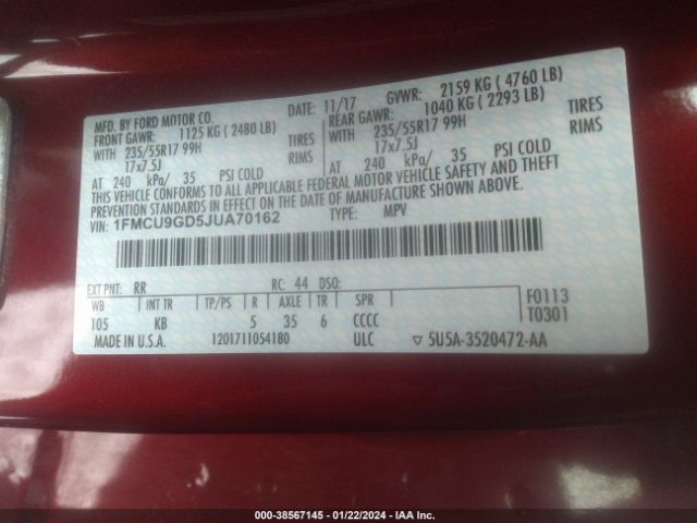 1FMCU9GD5JUA70162 Ford ESCAPE SE