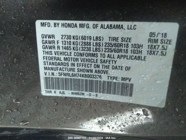 5FNRL6H74KB003376 Honda Odyssey Ex-l
