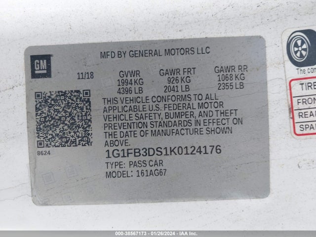 Chevrolet Camaro 1lt 2019 1G1FB3DS1K0124176 Image 9