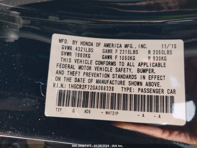 2016 HONDA ACCORD EX VIN: 1HGCR2F72GA068339