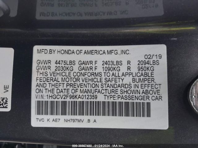 1HGCV2F96KA012359 Honda Accord Touring 2.0t