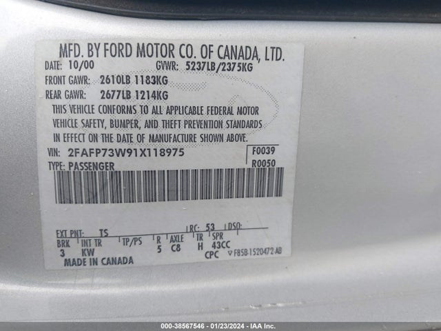 2001 FORD CROWN VICTORIA VIN: 2FAFP73W91X118975