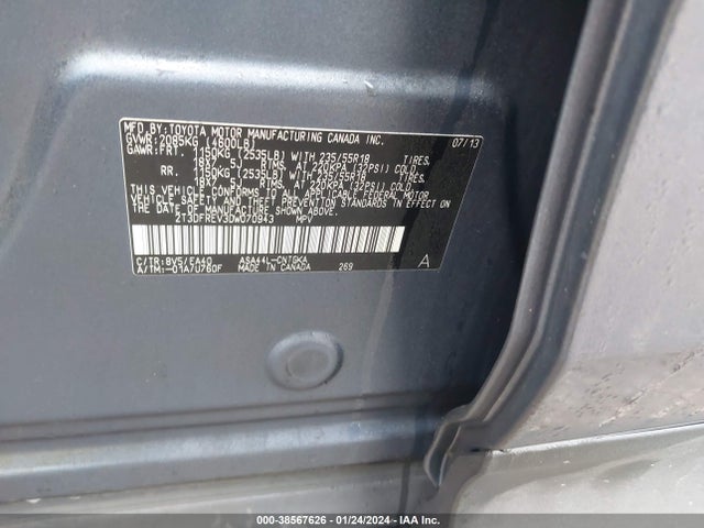 2013 TOYOTA RAV4 LIMITED VIN: 2T3DFREV3DW070943