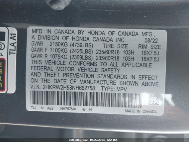 Honda Cr-v Awd Ex 2022 2HKRW2H58NH662758 Image 9