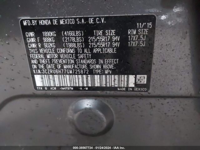 3CZRU6H77GM725872 Honda Hr-v Ex-l