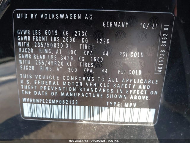 WVGUNPE2XMP062133 Volkswagen Id.4 Awd Pro S