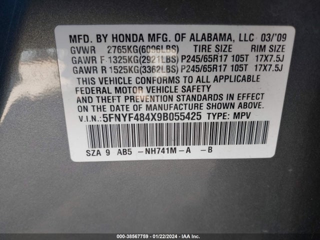 2009 HONDA PILOT EX VIN: 5FNYF484X9B055425