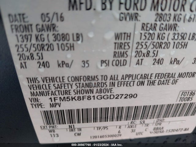 Ford Explorer Limited 2016 1FM5K8F81GGD27290 Image 9