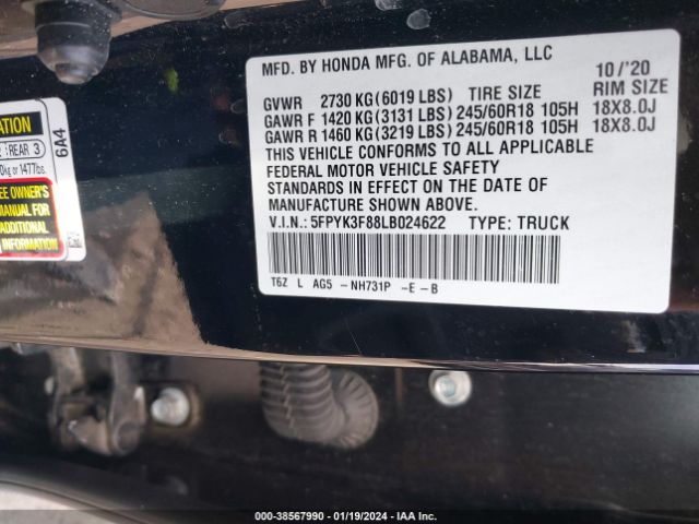 5FPYK3F88LB024622 Honda Ridgeline Black Edition