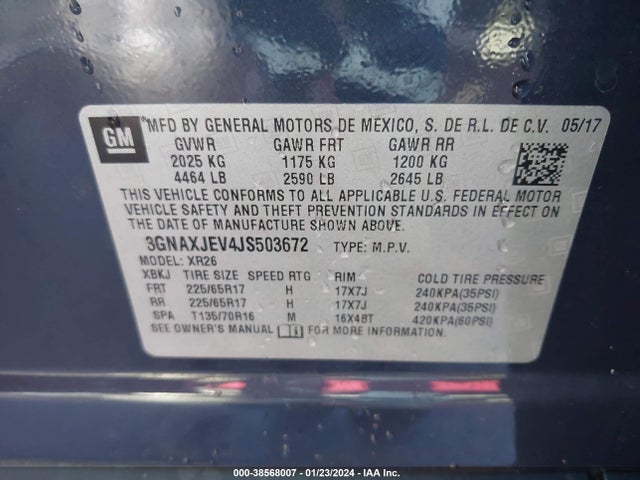 2018 CHEVROLET EQUINOX LT VIN: 3GNAXJEV4JS503672