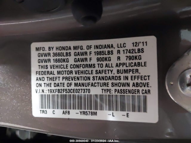 2012 HONDA CIVIC LX VIN: 19XFB2F53CE027370