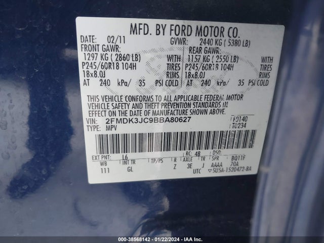 2011 FORD EDGE SEL VIN: 2FMDK3JC9BBA80627