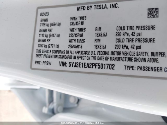5YJ3E1EA2PF501702 Tesla Model 3 Rear-wheel Drive