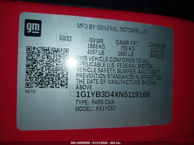 Chevrolet Corvette Stingray Rwd  2lt 2022 1G1YB3D4XN5119169 Image 9