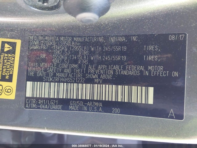 2017 TOYOTA HIGHLANDER SE VIN: 5TDKZRFH4HS521232