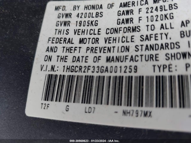 Honda ACCORD LX 2016 1HGCR2F33GA001259 Image 9