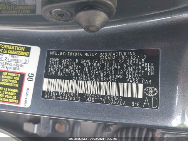 2018 TOYOTA COROLLA LE VIN: 2T1BURHE9JC067317