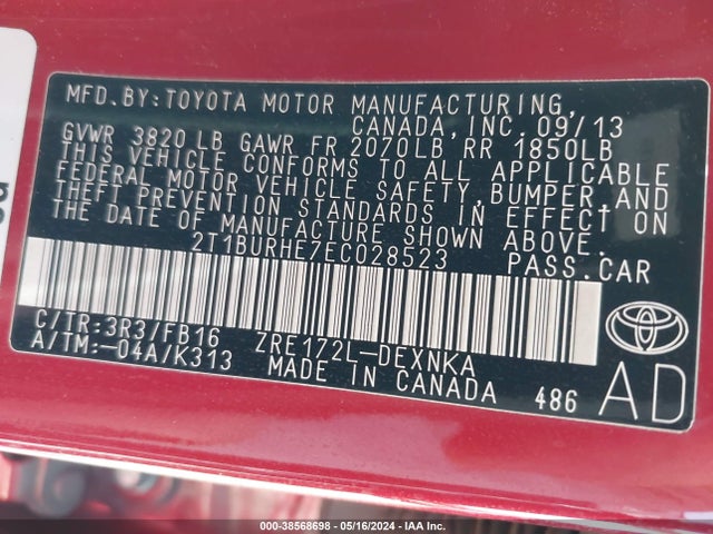 Toyota COROLLA LE 2014 2T1BURHE7EC028523 Image 9