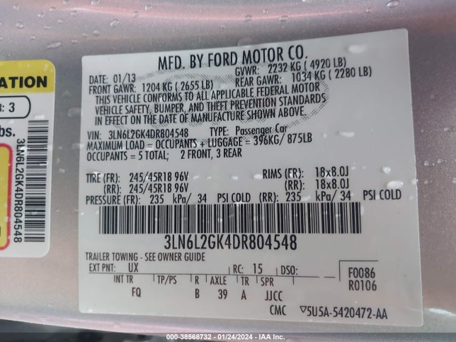 2013 LINCOLN MKZ VIN: 3LN6L2GK4DR804548