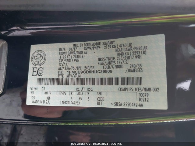 Ford ESCAPE SE 2017 1FMCU9GD6HUC39809 Image 9