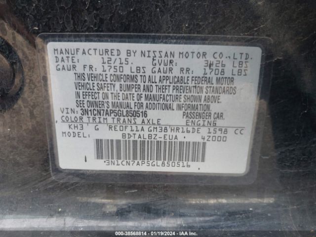 3N1CN7AP5GL850516 Nissan Versa 1.6 S/1.6 S+/1.6 Sl/1.6 Sv