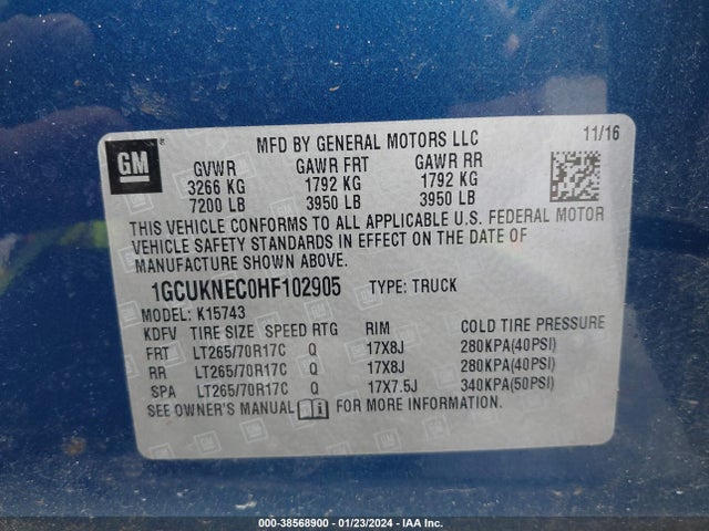 2017 CHEVROLET SILVERADO 1500 WT VIN: 1GCUKNEC0HF102905