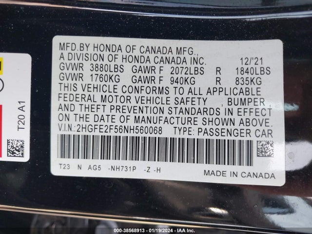 Honda Civic Sport 2022 2HGFE2F56NH560068 Image 9