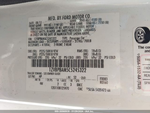 2012 FORD MUSTANG 1ZVBP8AM5C5245322 Photo 8