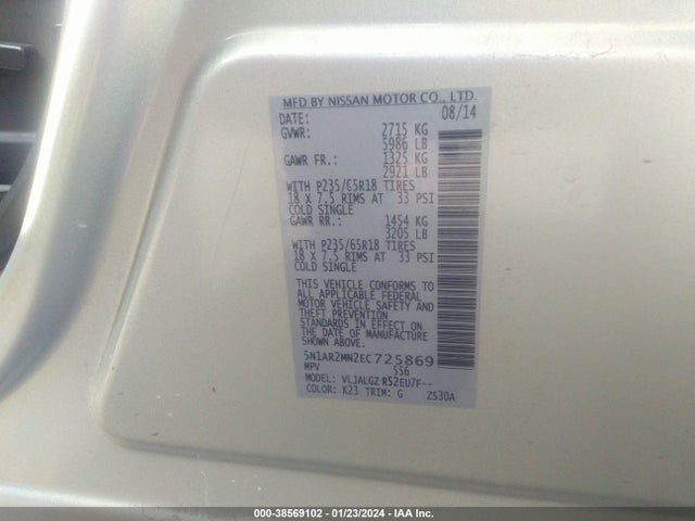 Nissan Pathfinder Sl 2014 5N1AR2MN2EC725869 Image 9