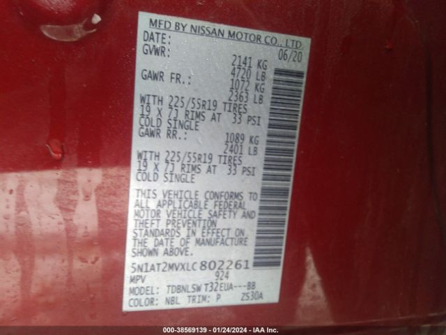 5N1AT2MVXLC802261 Nissan Rogue Sl Intelligent Awd