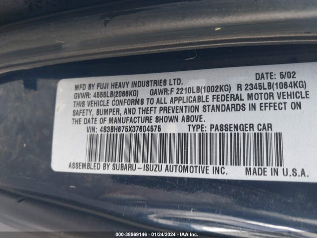 2003 SUBARU LEGACY OUTBACK VIN: 4S3BH675X37604575