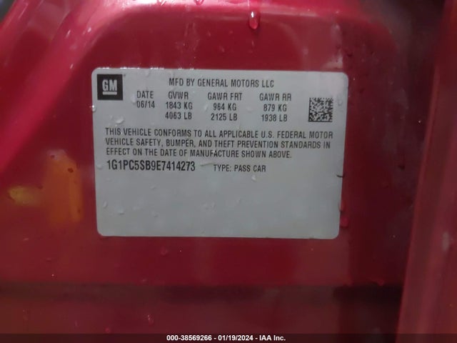38569266 :رقم المزاد ، 1G1PC5SB9E7414273 vin ، 2014 Chevrolet Cruze 1lt Auto مزاد بيع